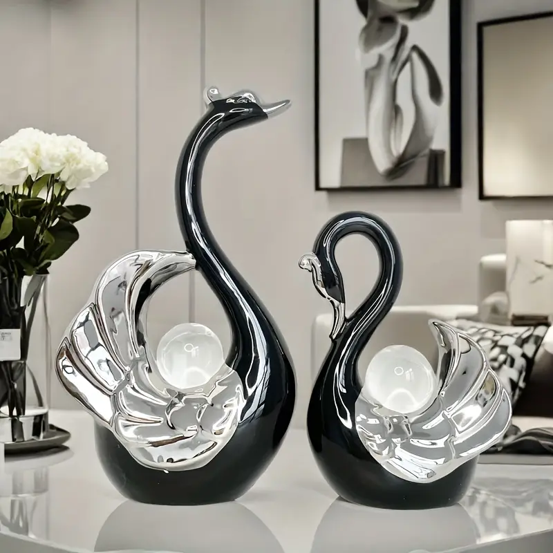 Elegant Crystal Ball Swan Figurine - Luxury Ceramic Home Decor for Living Room, Entryway, and TV Stand