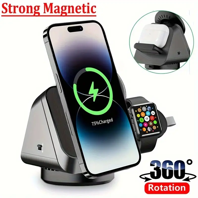 Universal 3-in-1 Magnetic Wireless Charger Stand - 360° Rotating, 15W Fast Charging, Compatible with iPhone